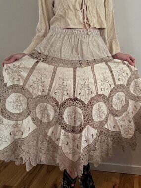 Lim's Vintage Cabincore Cutwork Embroidered Crochet Skirt Lems Linen Cotton